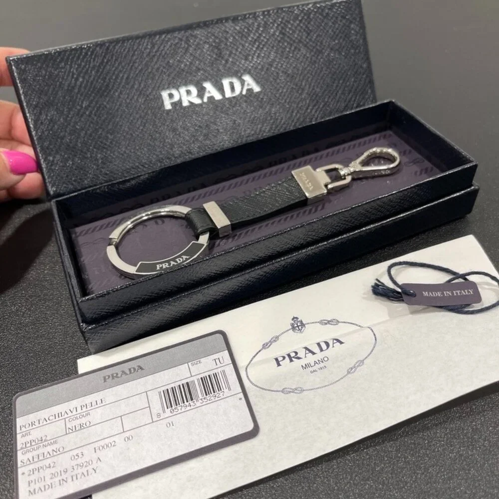 Prada Black Leather Key Chain/Bag Charm Unisex (JB1119)